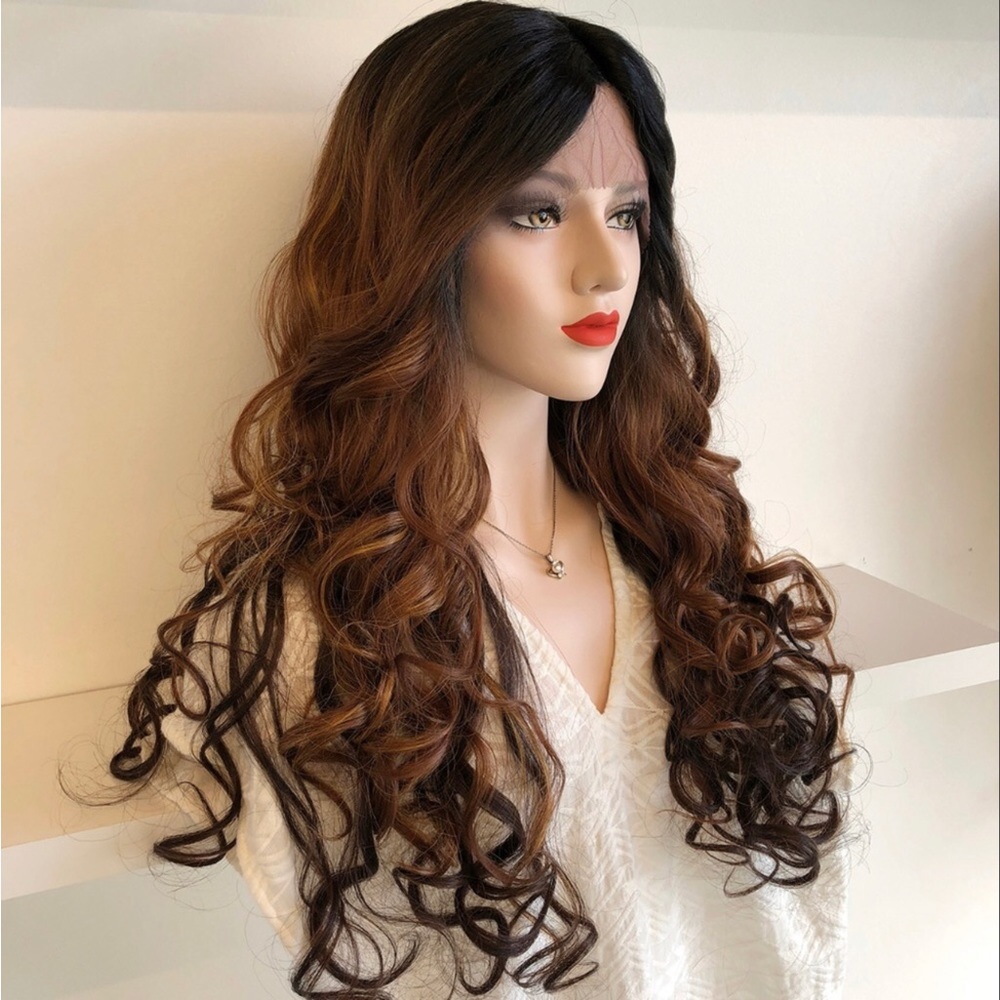 24" Wavy Black Brown Ombre Lace Wig | Rita